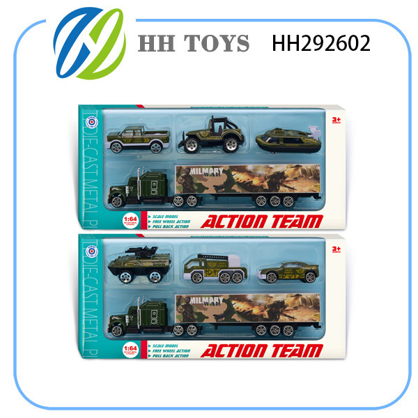 滑行合金长拖头货柜+3军事车
