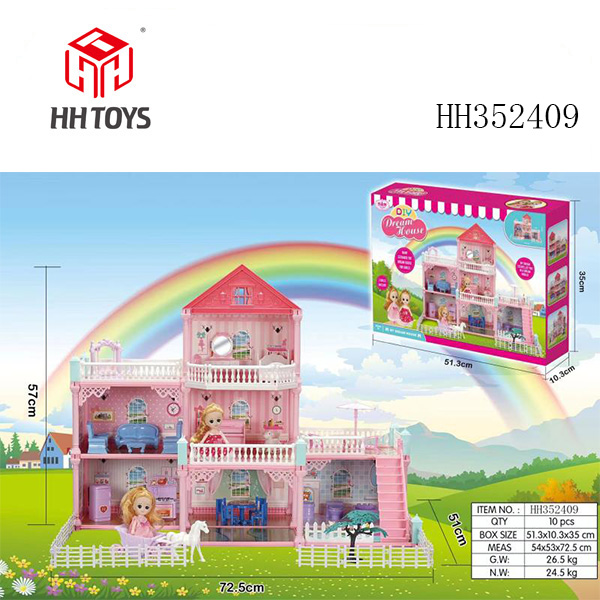 Seven rooms with three floors and two dolls.