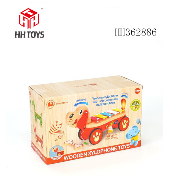 Wooden dog playing piano with music, lighting, and electricity